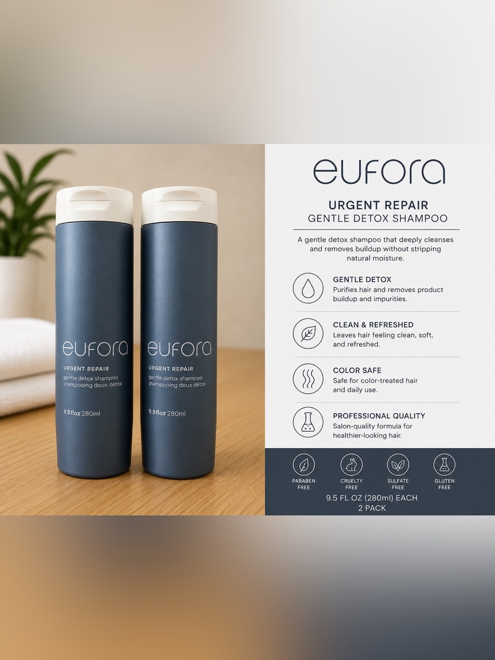 Eufora Urgent Repair Gentle Detox Shampoo Duo 9.5 fl oz / 280ml Each